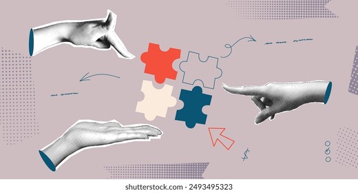 Halbtoniges Teamwork-Konzept. Team Collage mit Halbtonhand und Puzzle. Analytisch und arbeiten zusammen Menschen Hintergrund. Vektorillustration