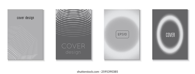 Halftone Template Set. Abstract Poster. Business Black And Greyscale  Flyer. Modern Shapes In Tech Layout. Young Brand In Minimalistic Frame. Grey Brand Texture. White Halftone Template