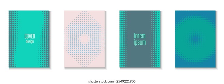 Halftone Template Set. Cool Circles In Minimal Layout. Minimalistic Brochure In 2d Frame. Dot Flyer. Minimalist Graphic Texture. Geometric Music Pattern. Trendy Halftone Template