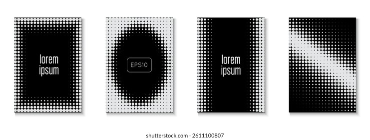 Halftone Template Set. Graphic Texture. Business Black And White  Flyer. Modern Tech With Simple Shapes. Dynamic Design For Hipster Folder. Black Dots Poster. White Halftone Template