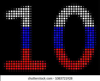 Halftone Ten Digits Text pictogram colored in Russia state flag colors on a dark background. Vector mosaic of ten digits text icon formed from circle pixels.