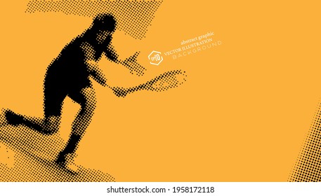 Halftone tennis player's game action, abstract vector movement background.