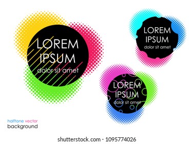 Halftone text and logo background, colorful circles, vector design element