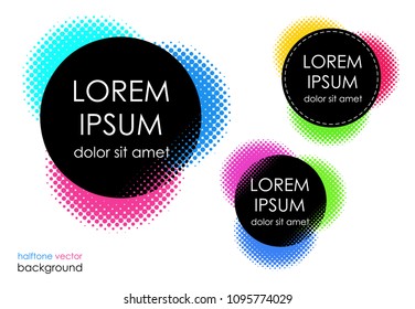 Halftone text and logo background, colorful circles, vector design element