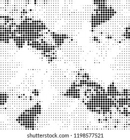 Halftone texture is black and white. Abstract monochrome background of dots. Vector pattern chaotic