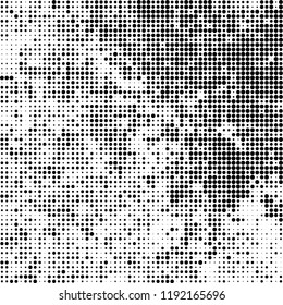 Halftone texture is black and white. The background is abstract of dots. Chaotic monochrome vector pattern