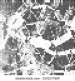 Halftone texture is black and white. The background is abstract of dots. Chaotic monochrome vector pattern