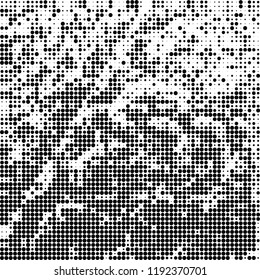 Halftone texture is black and white. The background is abstract of dots. Chaotic monochrome vector pattern