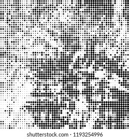 Halftone texture is black and white. The background is abstract of dots. Chaotic monochrome vector pattern