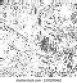 Halftone texture is black and white. The background is abstract of dots. Chaotic monochrome vector pattern