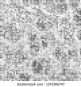 Halftone texture is black and white. The background is abstract of dots. Chaotic monochrome vector pattern