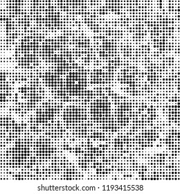 Halftone texture is black and white. The background is abstract of dots. Chaotic monochrome vector pattern
