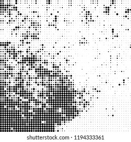 Halftone texture is black and white. The background is abstract of dots. Chaotic monochrome vector pattern