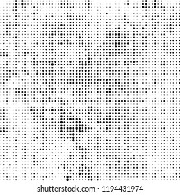 Halftone texture is black and white. The background is abstract of dots. Chaotic monochrome vector pattern