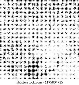 Halftone texture is black and white. The background is abstract of dots. Chaotic monochrome vector pattern