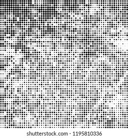 Halftone texture is black and white. The background is abstract of dots. Chaotic monochrome vector pattern