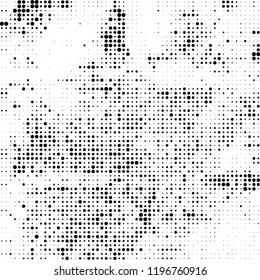 Halftone texture is black and white. The background is abstract of dots. Chaotic monochrome vector pattern