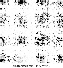 Halftone texture is black and white. The background is abstract of dots. Chaotic monochrome vector pattern