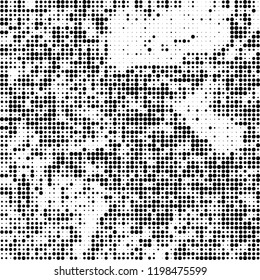 Halftone texture is black and white. The background is abstract of dots. Chaotic monochrome vector pattern