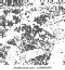 Halftone texture is black and white. The background is abstract of dots. Chaotic monochrome vector pattern