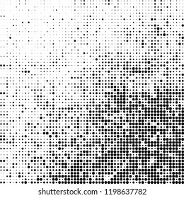 Halftone texture is black and white. The background is abstract of dots. Chaotic monochrome vector pattern