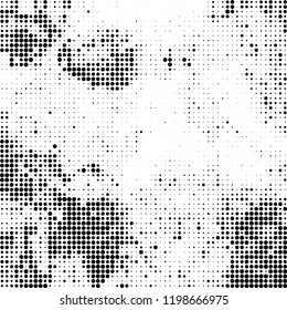 Halftone texture is black and white. The background is abstract of dots. Chaotic monochrome vector pattern