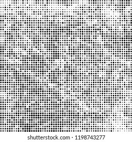 Halftone texture is black and white. The background is abstract of dots. Chaotic monochrome vector pattern