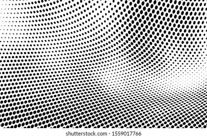 Halftone texture is black and white. Background of dots of chaotic waves. Abstract pop art template. Vector pattern for printing on posters, labels, fabric