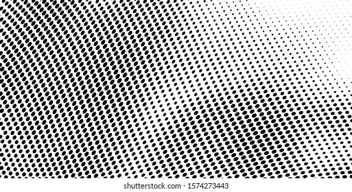 Halftone texture is black and white. Background of dots of chaotic waves. Abstract pop art template. Vector pattern for printing on posters, labels, fabric