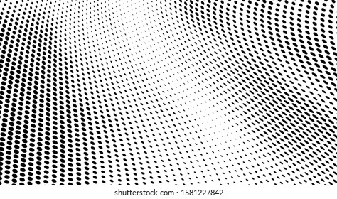 Halftone texture is black and white. Background of dots of chaotic waves. Abstract pop art template. Vector pattern for printing on posters, labels, fabric