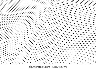 Halftone texture is black and white. Background of dots of chaotic waves. Abstract pop art template. Vector pattern for printing on posters, labels, fabric