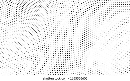 Halftone texture is black and white. Background of dots of chaotic waves. Abstract pop art template. Vector pattern for printing on posters, labels, fabric