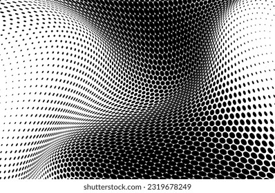 The halftone texture is black and white. Monochrome abstract, chaotic texture. Waves of dots on a white background, abstract halftone