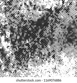 Halftone texture is black and white. The pattern is radially positioned. Vector abstract background