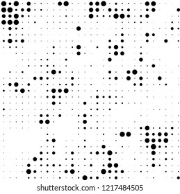 Halftone texture is black and white. The pattern of the ink points are randomly arranged. Vector monochrome background. Abstract the surface of chaos