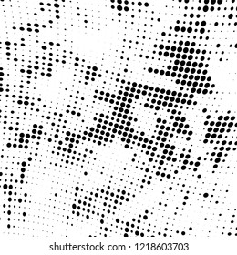 Halftone texture is black and white. The pattern of the ink points are randomly arranged. Vector monochrome background. Abstract the surface of chaos