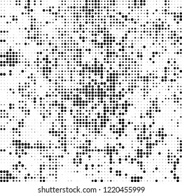 Halftone texture is black and white. The pattern of the ink points are randomly arranged. Vector monochrome background. Abstract the surface of chaos
