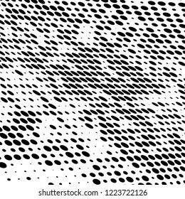 Halftone texture is black and white. The pattern of the ink points are randomly arranged. Vector monochrome background. Abstract the surface of chaos