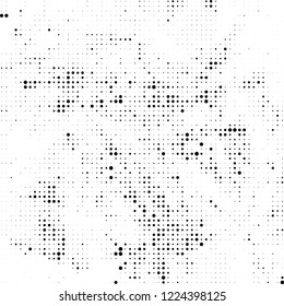 Halftone texture is black and white. The pattern of the ink points are randomly arranged. Vector monochrome background. Abstract the surface of chaos