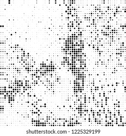 Halftone texture is black and white. The pattern of the ink points are randomly arranged. Vector monochrome background. Abstract the surface of chaos