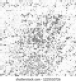 Halftone texture is black and white. The pattern of the ink points are randomly arranged. Vector monochrome background. Abstract the surface of chaos