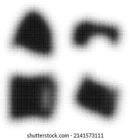 The halftone texture is black and white. A set of halftone abstract backgrounds. Spots of dots on a white backdrop