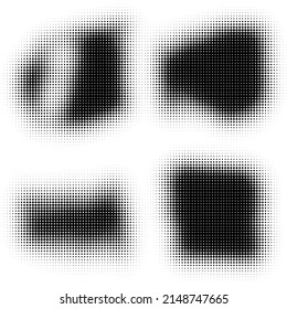 The halftone texture is black and white. A set of halftone abstract backgrounds. Spots of dots on a white backdrop