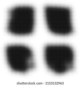 The halftone texture is black and white. A set of halftone abstract backgrounds. Spots of dots on a white backdrop