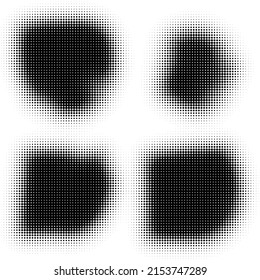 The halftone texture is black and white. A set of halftone abstract backgrounds. Spots of dots on a white backdrop