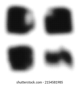 The halftone texture is black and white. A set of halftone abstract backgrounds. Spots of dots on a white backdrop