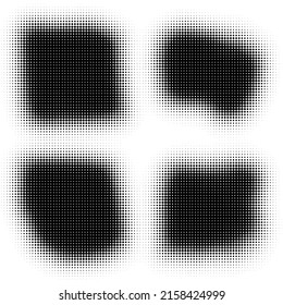 The halftone texture is black and white. A set of halftone abstract backgrounds. Spots of dots on a white backdrop