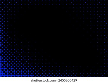 Textura de semitonos con puntos azules sobre fondo negro. Minimalismo, Vector. Fondo para carteles, Sitios web, tarjetas de visita, diseño de postales