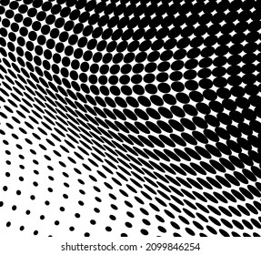 The halftone texture is chaotic monochrome. Abstract black and white waves background of dots. Backdrop for the design of websites, business cards, posters