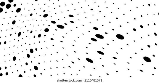 The halftone texture is chaotic monochrome. Abstract black and white waves background of dots. Backdrop for the design of websites, business cards, posters